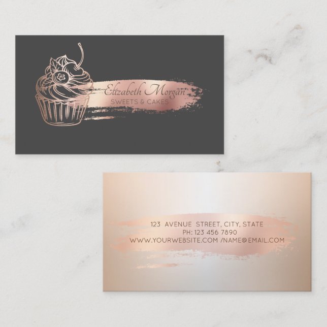 Professionell Rosa Guld Penseldrag Cupcake Visitkort (Fram/baksida)