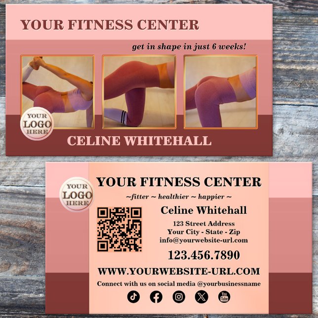 Professionell Rosa Photo Fitness Center Visitkort (Professional fitness personal trainer business card featuring in elegant pink with warm earth tones)