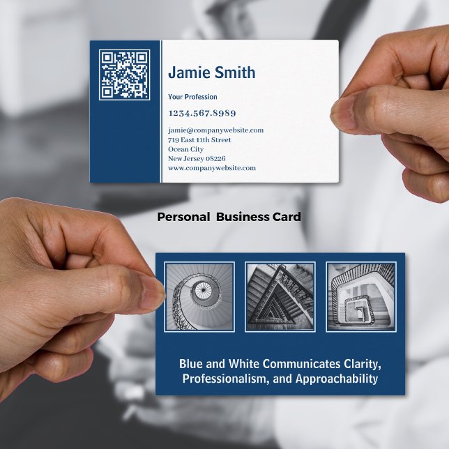Professionell Scannable Collage Blue White Persona Visitkort (Professional Scannable Collage Blue White Personal Business Card)