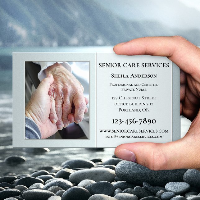 Professionell Senior Care Anpassningsbar Photo Visitkort (Business card featuring your own custom photo (optional) framed by an elegant silver design)