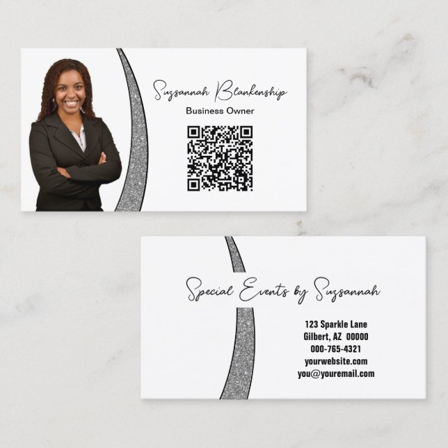 Professionell Silver Silver Falskt Glitter Foto QR Visitkort (Fram/baksida)
