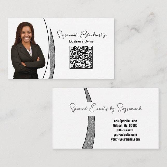 Professionell Silver Slever Faux Glitter Photo QR Visitkort (Fram/baksida)