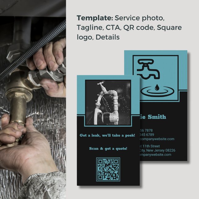 Professionell slogan Blå rörmokare Namnkort (Professional Slogan Blue Plumber Business Card, Photo, Logo, QR code, CTA, Tagline)