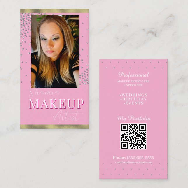 Professionell smink hår foto bling QR-kod Visitkort (Fram/baksida)