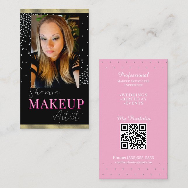 Professionell smink hår foto bling QR-kod Visitkort (Fram/baksida)