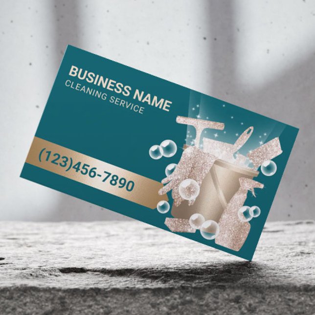Professionell städtjänst Teal & Guld Bubblor Visitkort (Skapare uppladdad)