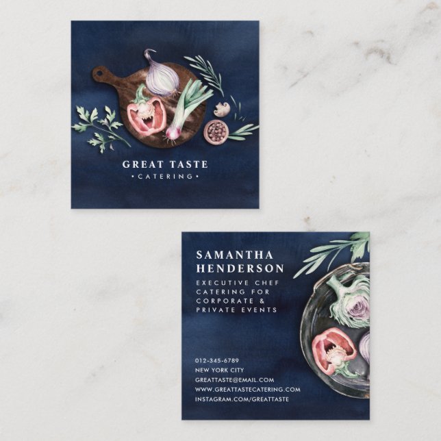 Professionell Stilren Blå Akvarell Catering Fyrkantigt Visitkort (Fram/baksida)