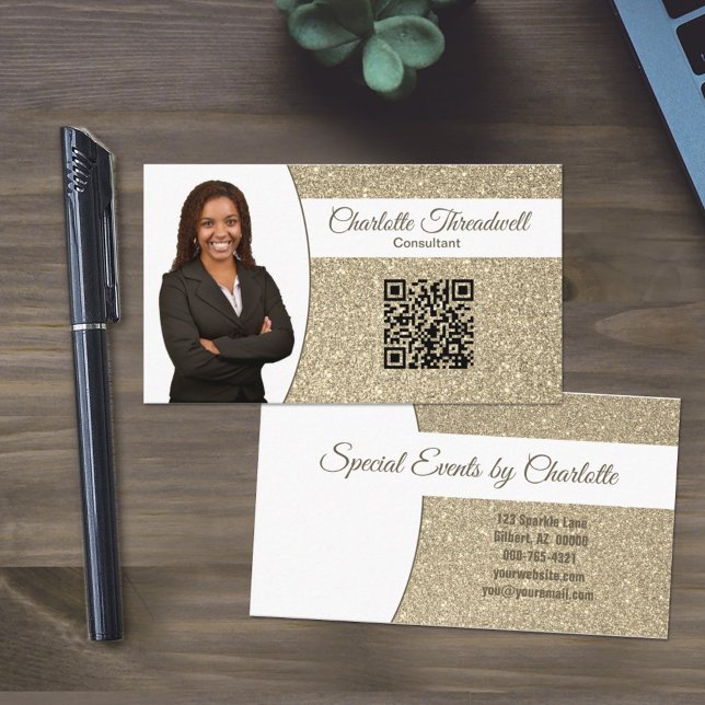 Professionell Subtil Guld Glitter Anpassad Foto QR Visitkort (Skapare uppladdad)