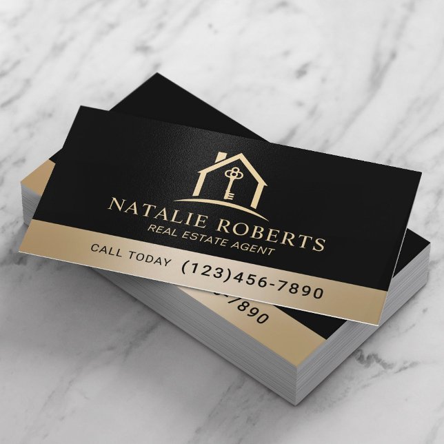 Professionell svart & guld fastighetsmäklare visitkort (Skapare uppladdad)