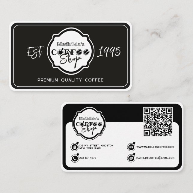 Professionell Svart Kaffebar Personligt Logotyp Visitkort (Fram/baksida)