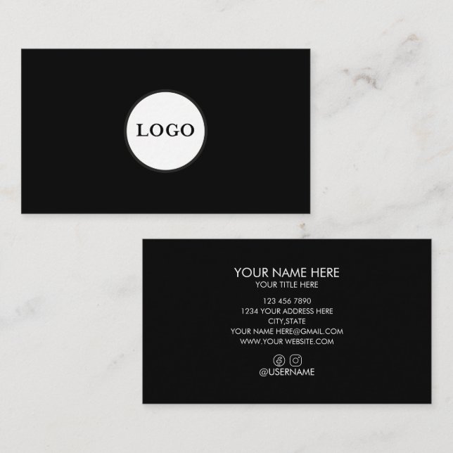 Professionell svart lägg till din logotyp visitkort (Fram/baksida)