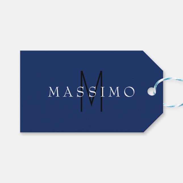 Professionell svart monogram blå ditt namn presentetikett (Framsidan (Horisontell))