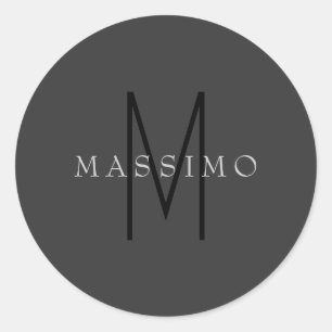 Professionell svart monogram grå Ditt namn Runt Klistermärke