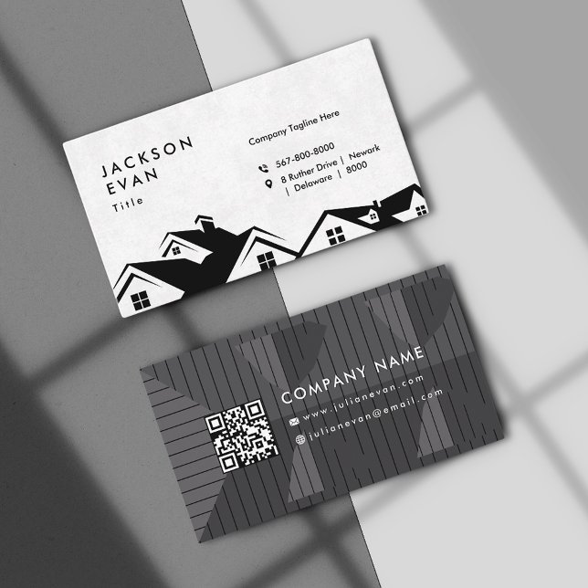 Professionell Svart & Vit Tak Konstruktion Visitkort (Professional Black & White Roofing Construction Business Card)
