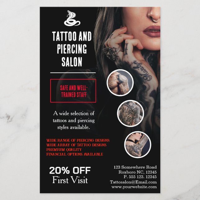 Professionell Tattoo and Piercing Salon Business Flygblad (Framsidan)
