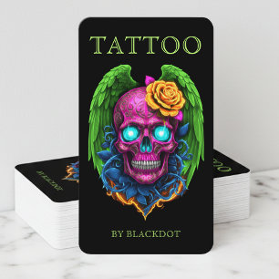 Professionell tatueringsstudio bevingad dödskalle visitkort