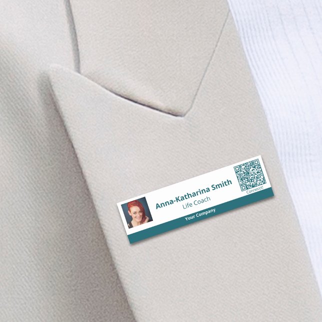Professionell Teal White Image QR-kodföretag Namnbricka (Professional Teal White Image QR-code Company Name Tag)