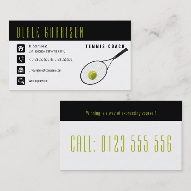 Professionell Tennis Coach | Tennis Racket Visitkort (Fram/baksida)
