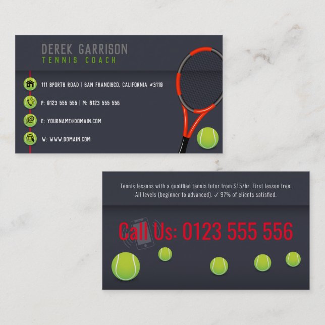 Professionell Tennis Coach | Tennis Racket Visitkort (Fram/baksida)