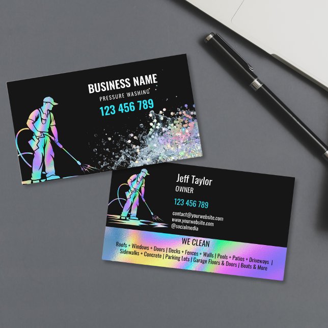 Professionell trycktvätt Kraft takdäck  Visitkort (holographic foil power washer with water splash business cards)