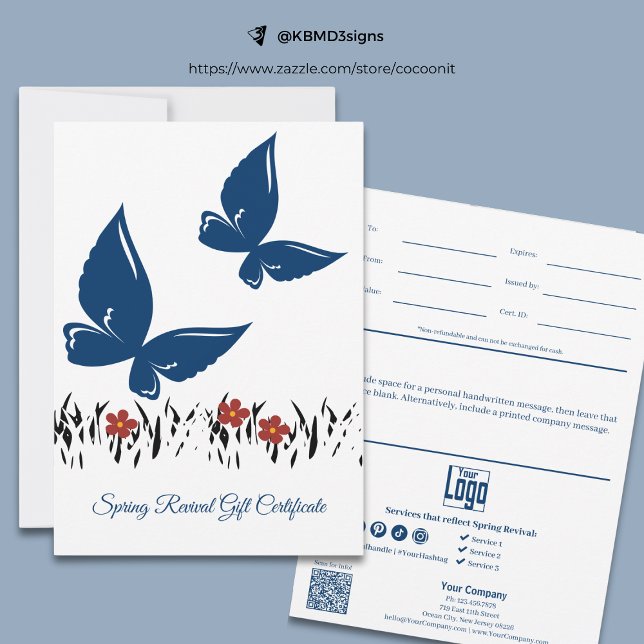 Professionell Vår Butterflies Gift Certificate (Professional Spring Butterflies Gift Certificate, Blue, White, Black Lawn Silhouette, Red Blooms)