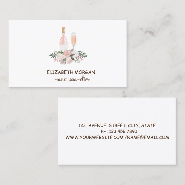 Professionell Vin glas, Flaska, blommor Visitkort (Fram/baksida)