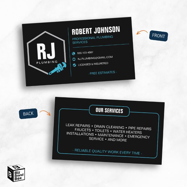Professionell VVS-installatör Svart Blå VVS-tjänst Visitkort (Professional Plumber Black Blue Plumbing Services Business Card)