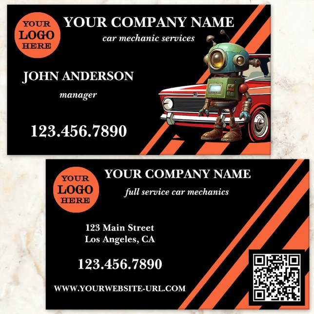 Professionella bilmekaniker tjänster visitkort (Car mechanic repair business card showing an eye-catching design in black and orange - with QR code)