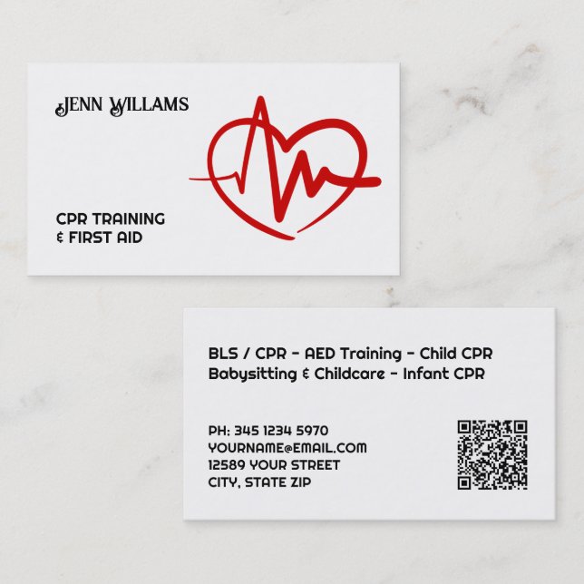 Professionella CPR-instruktörs visitkort med QR (Fram/baksida)