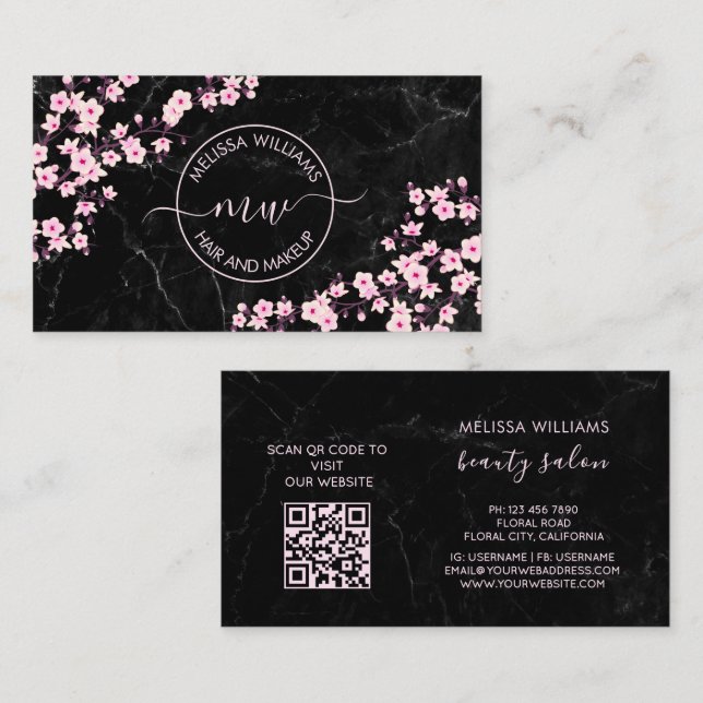 Professionella körsbärsblommor Svart marmor Visitkort (Fram/baksida)