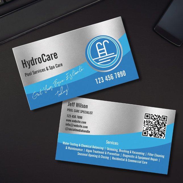 Professionella poolunderhållstjänster för rengörin visitkort (pool cleaning and maintenance business card logo with silver background)