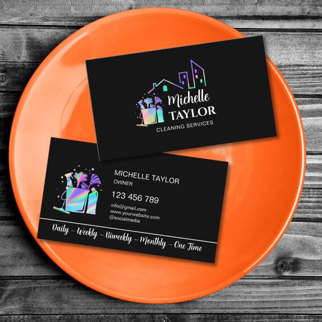 Professionella städtjänster för hem och kontor visitkort (Professional House and Office Cleaning Services Business Card with holographic cleaning tools logo)