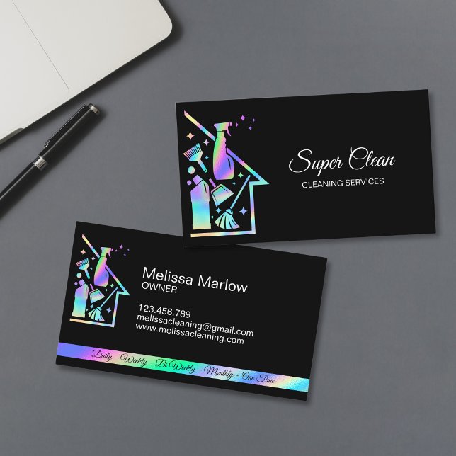 Professionella städtjänster hemstädning städare visitkort (holographic foil cleaning utensils business card)