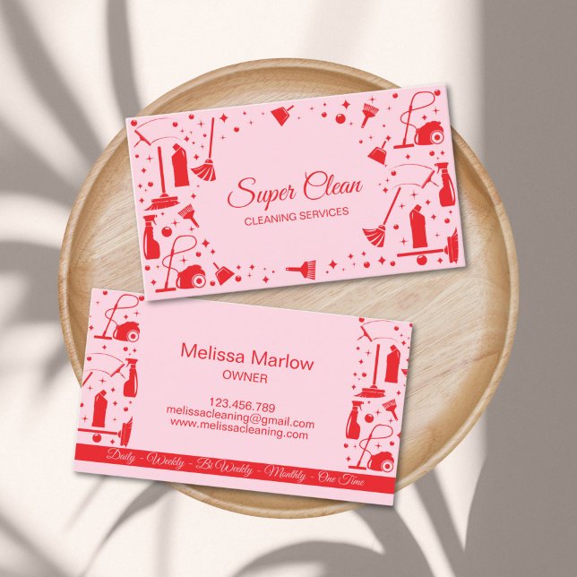 Professionella Unika Städhjälp Städningstjänster Visitkort (cleaning services logo business cards, red and pink)