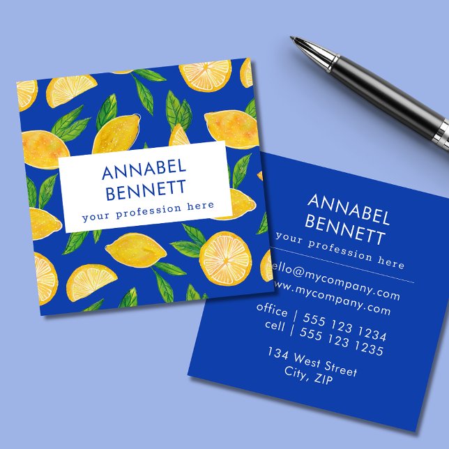 Professionellen Citrus Lemon mönster Fyrkantigt Visitkort (Citrus lemon professional square business card in blue.)