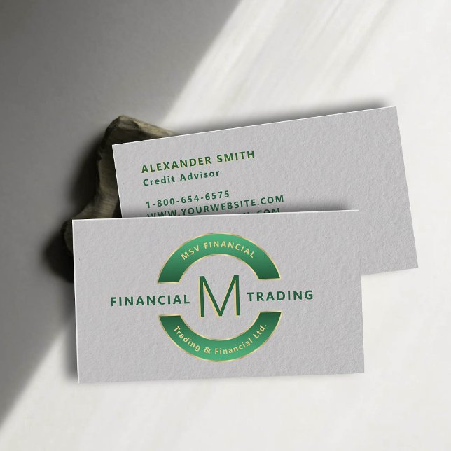 Professionellen Guld Monogram för återförsäljare G Visitkort (dealer trader financial finance business card faux embossed green gold professional sleek minimalist)