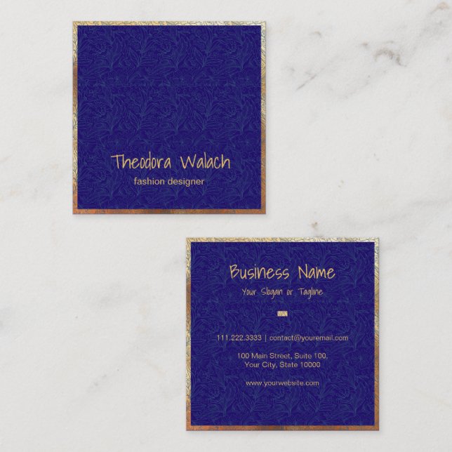 Professionellen Luxury Guld Blue Blommigt Fyrkantigt Visitkort (Fram/baksida)