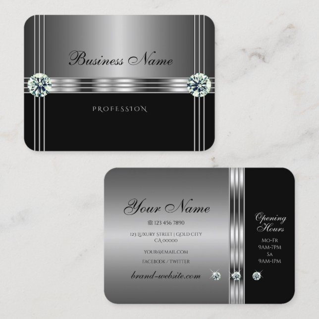 Professionellen Modern Silver och Black Faux Diamo Visitkort (Fram/baksida)
