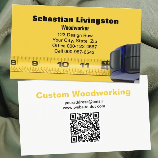 Professionellen QR-kod för mätning av bandträdsarb Visitkort (Double-sided view of trades style business card with yellow measuring tape design. )