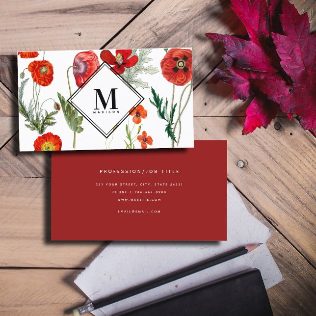 Professionellen Röda vattenfärgspopies-Blommigtar Visitkort (Red Watercolor Poppies Florals Professional Business Card)