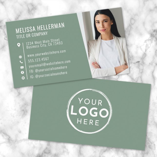Professionellen Sage Grönt Modern Photo Logotyp Visitkort (Sage Green Modern Photo Logo Professional Business Card )