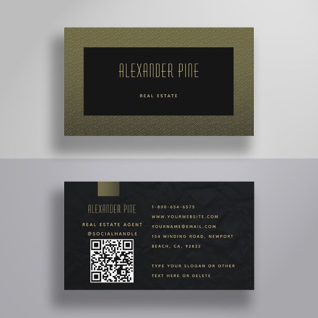 Professionellen Svarta Guld i QR-koden, minimalist Visitkort (real estate business card elegant professional modern QR Code classy black gold generic minimalist)
