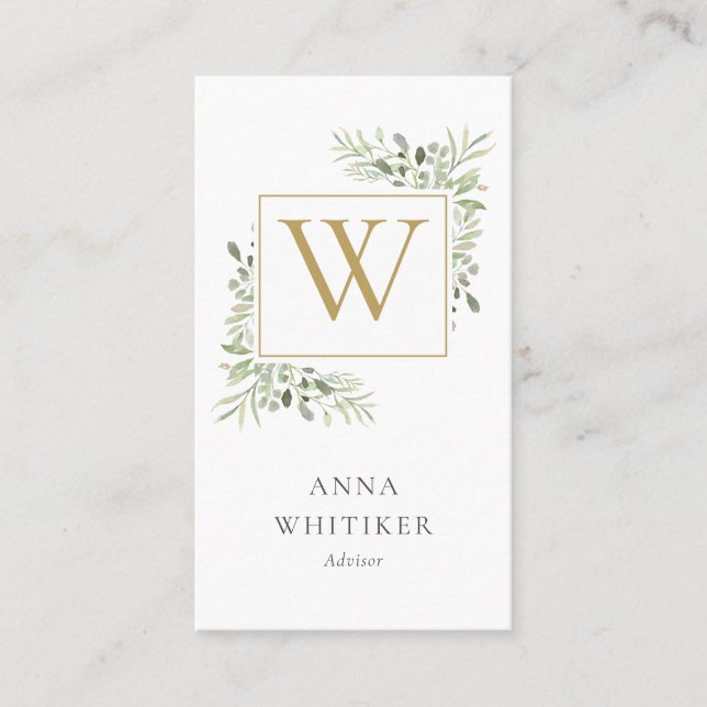 Professionellen Watercolor Greenery Guld Monogram Visitkort (Framsida)