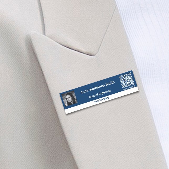 Professionellens bild QR-kod Blå vit Namnbricka (Professional Image QR-code Blue White Name Tag)