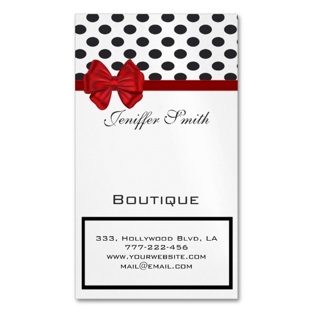 Professionellens elegant chic polka dots röda båge visitkortmagnet (Framsida vertikal)