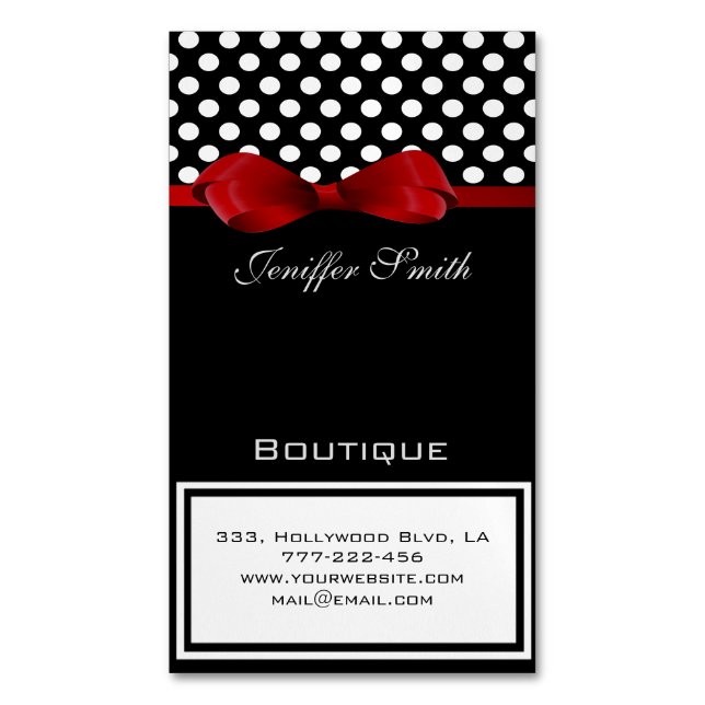 Professionellens elegant chic polka dots röda båge visitkortmagnet (Framsida vertikal)