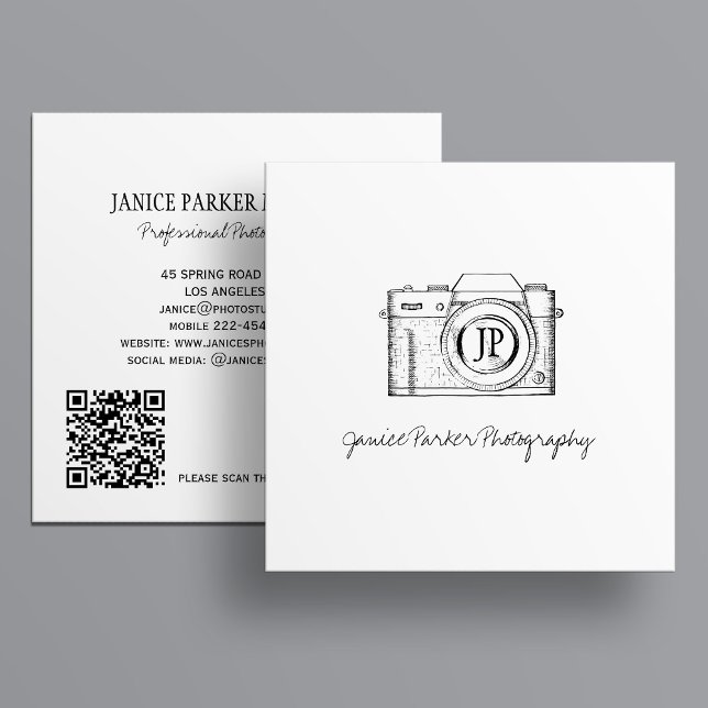 Professionellens fotografi QR-kod svart och vitt Fyrkantigt Visitkort (Skapare uppladdad)