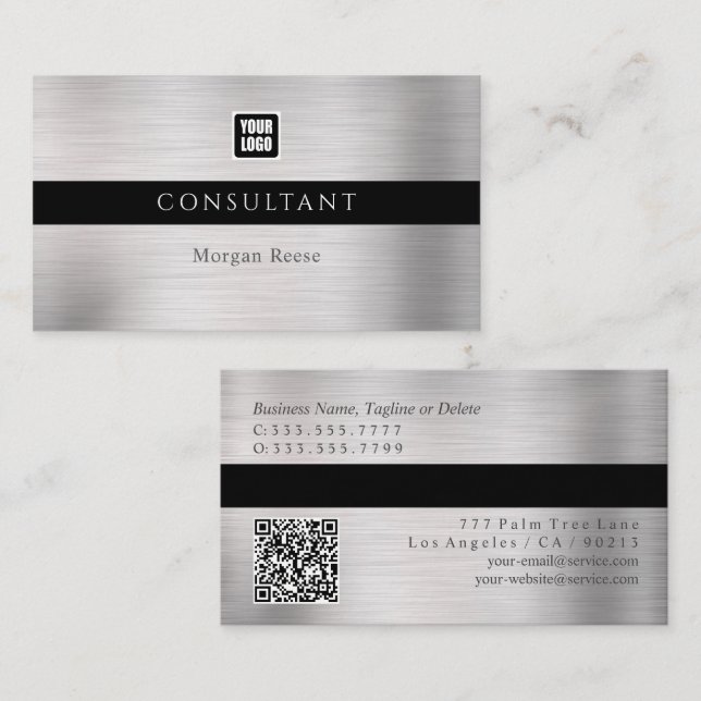 Professionellt Silver, Minimalistisk, Logotyp, QR- Visitkort (Fram/baksida)