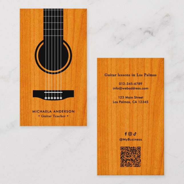 Proffsig Gitarrlärare QR-kod & Sociala Medier Visitkort (Fram/baksida)