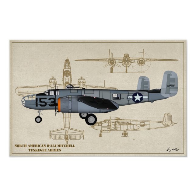 Profil Art B-25 Mitchell Tuskegee Airmen Fototryck (Framsidan)